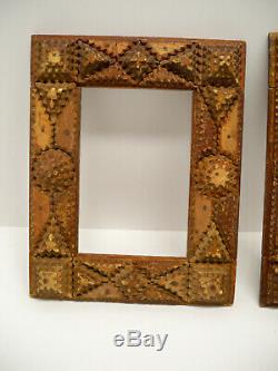 Pair of Antique Primitive Carved Wooden Tramp Art Frames 2 Pcs As Is Folk Art