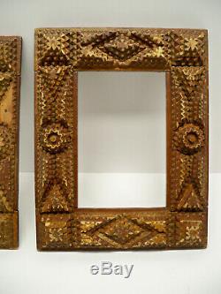 Pair of Antique Primitive Carved Wooden Tramp Art Frames 2 Pcs As Is Folk Art