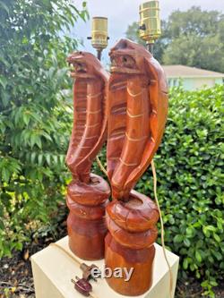 Pair of Hand Carved American Folk Art, Cobra Lamps, Outsider Art, VERY RARE