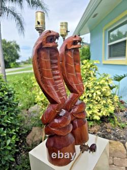 Pair of Hand Carved American Folk Art, Cobra Lamps, Outsider Art, VERY RARE