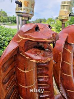 Pair of Hand Carved American Folk Art, Cobra Lamps, Outsider Art, VERY RARE