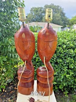 Pair of Hand Carved American Folk Art, Cobra Lamps, Outsider Art, VERY RARE