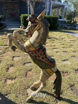 Pair of Two Vintage Folk Art Wood Carved Hand Painted Rearing Horses Must see