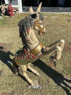 Pair of Two Vintage Folk Art Wood Carved Hand Painted Rearing Horses Must see