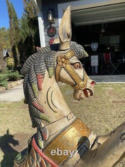 Pair of Two Vintage Folk Art Wood Carved Hand Painted Rearing Horses Must see