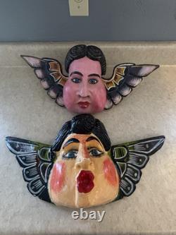 Pair of Vintage Mexican Folk Art Wall Hanging Cherubs Hand Carved and Painted