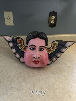 Pair of Vintage Mexican Folk Art Wall Hanging Cherubs Hand Carved and Painted