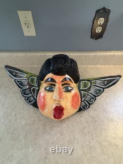 Pair of Vintage Mexican Folk Art Wall Hanging Cherubs Hand Carved and Painted