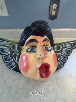 Pair of Vintage Mexican Folk Art Wall Hanging Cherubs Hand Carved and Painted