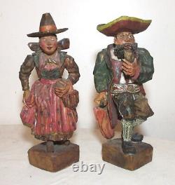 Pair rare MUSEUM hand carved wood Carl Hallsthammar Folk Art figural sculpture