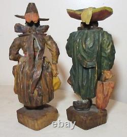 Pair rare MUSEUM hand carved wood Carl Hallsthammar Folk Art figural sculpture