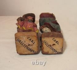 Pair rare MUSEUM hand carved wood Carl Hallsthammar Folk Art figural sculpture