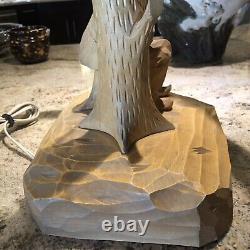 Paul Emile Caron Canadian Folk Art Carved Wood Lamp & Shade