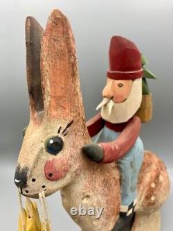 Peggy Herrick 1989 Hand Carved Wood Santa on a Rabbit EASTER CHRISTMAS Awesome