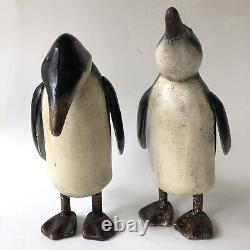 Penguins Figurines Pair Wood Carved Folk Art Vtg Painted Wooden Sculptures Large
