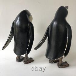 Penguins Figurines Pair Wood Carved Folk Art Vtg Painted Wooden Sculptures Large