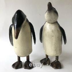 Penguins Large Figurines Pair Wood Carved Folk Art Vtg Painted Wooden Sculptures
