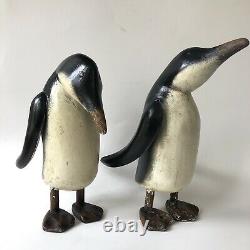 Penguins Large Figurines Pair Wood Carved Folk Art Vtg Painted Wooden Sculptures