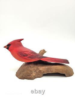Phillip E Brown (1955-2011) Carved Cardinal Bird on Driftwood Folk Art Sculpture