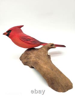 Phillip E Brown (1955-2011) Carved Cardinal Bird on Driftwood Folk Art Sculpture
