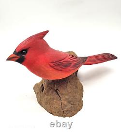 Phillip E Brown (1955-2011) Carved Cardinal Bird on Driftwood Folk Art Sculpture