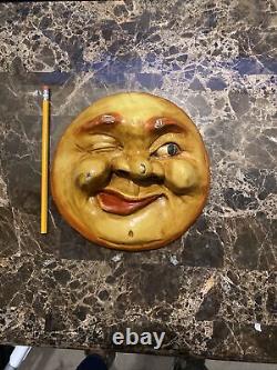Plaque Moon Wood, Carved Painted Folk Art