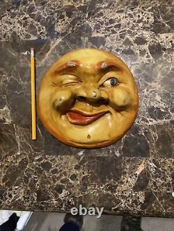 Plaque Moon Wood, Carved Painted Folk Art