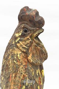 Polychrome Rooster. Americana Folk Art Antique Primitive Wood Carving