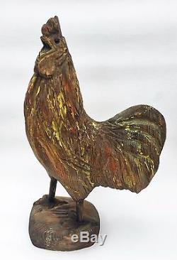 Polychrome Rooster. Americana Folk Art Antique Primitive Wood Carving