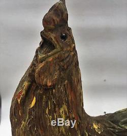 Polychrome Rooster. Americana Folk Art Antique Primitive Wood Carving