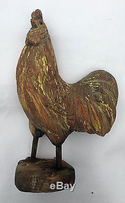 Polychrome Rooster. Americana Folk Art Antique Primitive Wood Carving