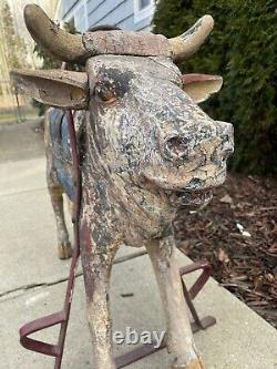 Primitive Antique Folk Art Carved Wood Carnival Ride on Cow