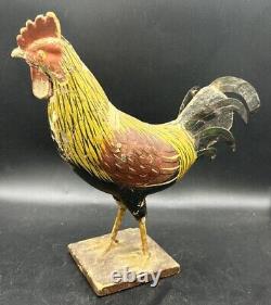 Primitive Antique Folk Art Wooden Carved Rooster Chicken Tin Tail Feathers 8