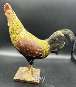 Primitive Antique Folk Art Wooden Carved Rooster Chicken Tin Tail Feathers 8