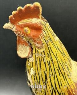 Primitive Antique Folk Art Wooden Carved Rooster Chicken Tin Tail Feathers 8
