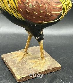 Primitive Antique Folk Art Wooden Carved Rooster Chicken Tin Tail Feathers 8
