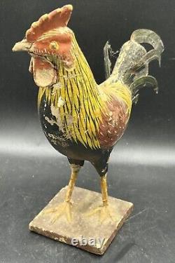 Primitive Antique Folk Art Wooden Carved Rooster Chicken Tin Tail Feathers 8