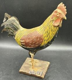 Primitive Antique Folk Art Wooden Carved Rooster Chicken Tin Tail Feathers 8