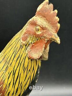 Primitive Antique Folk Art Wooden Carved Rooster Chicken Tin Tail Feathers 8