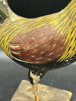 Primitive Antique Folk Art Wooden Carved Rooster Chicken Tin Tail Feathers 8