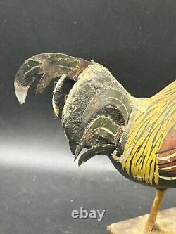 Primitive Antique Folk Art Wooden Carved Rooster Chicken Tin Tail Feathers 8