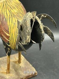 Primitive Antique Folk Art Wooden Carved Rooster Chicken Tin Tail Feathers 8