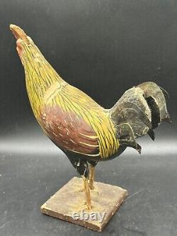 Primitive Antique Folk Art Wooden Carved Rooster Chicken Tin Tail Feathers 8