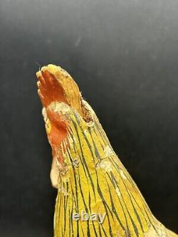 Primitive Antique Folk Art Wooden Carved Rooster Chicken Tin Tail Feathers 8