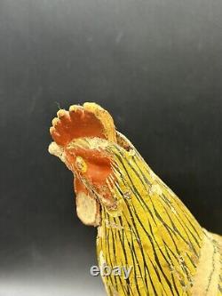 Primitive Antique Folk Art Wooden Carved Rooster Chicken Tin Tail Feathers 8