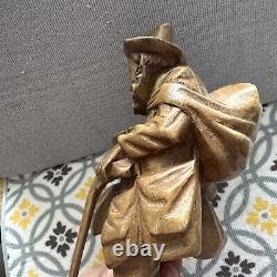 Primitive Antique Hand Carved Hiker Black Forest Folk Art Wood Statue