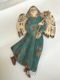 Primitive Carved Wooden Winged Angel Polychrome Folk Art Signed Santos