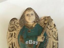 Primitive Carved Wooden Winged Angel Polychrome Folk Art Signed Santos