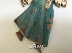 Primitive Carved Wooden Winged Angel Polychrome Folk Art Signed Santos