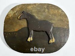 Primitive Folk Art Carved on Board Horse in Field Unsigned 11 1/2x 15